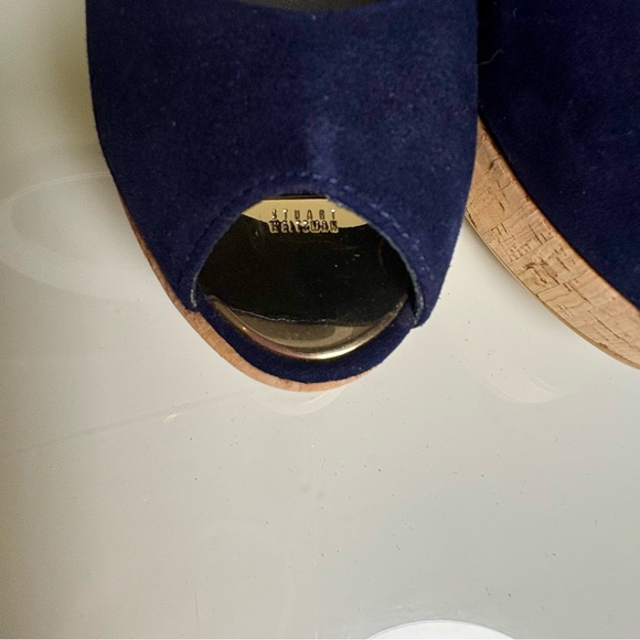 Stuart Weitzman Anna blue suede peep-toe platform cork wedge pumps Size 7.5 - Picture 5 of 9